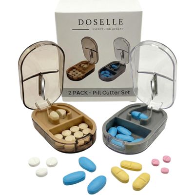 Doselle 2 Pack Pill Cutter for Small or Large Pills Professional Medicine Splitter with Clear Cover & V-Grip Centering Device Accurate 1/2 & 1/4 Cuts for Oval & Round Tablets (Gray & Brown)