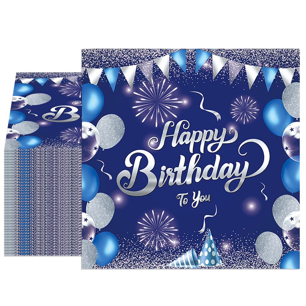 40PCS Happy Birthday Napkins Blue and Silver Birthday Decorations Disposable Royal Blue Napkins for Men Women Birthday Baby Shower Picnic Cocktail Party Supplies 2-Ply