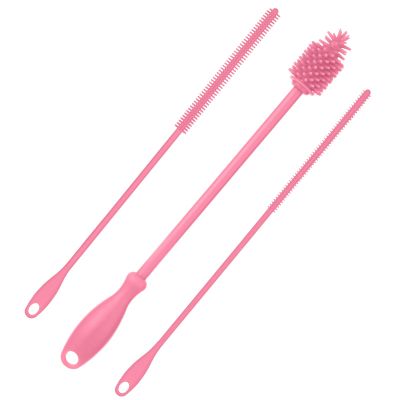 3pcs Straw Cleaner and Bottle Brush for Cleaning, Hanging Straw Brush Silicone BPA-Free Long Bottle Cleaning Brush Reusable Bottle Washing Accessories for Jars Tumblers (Pink)