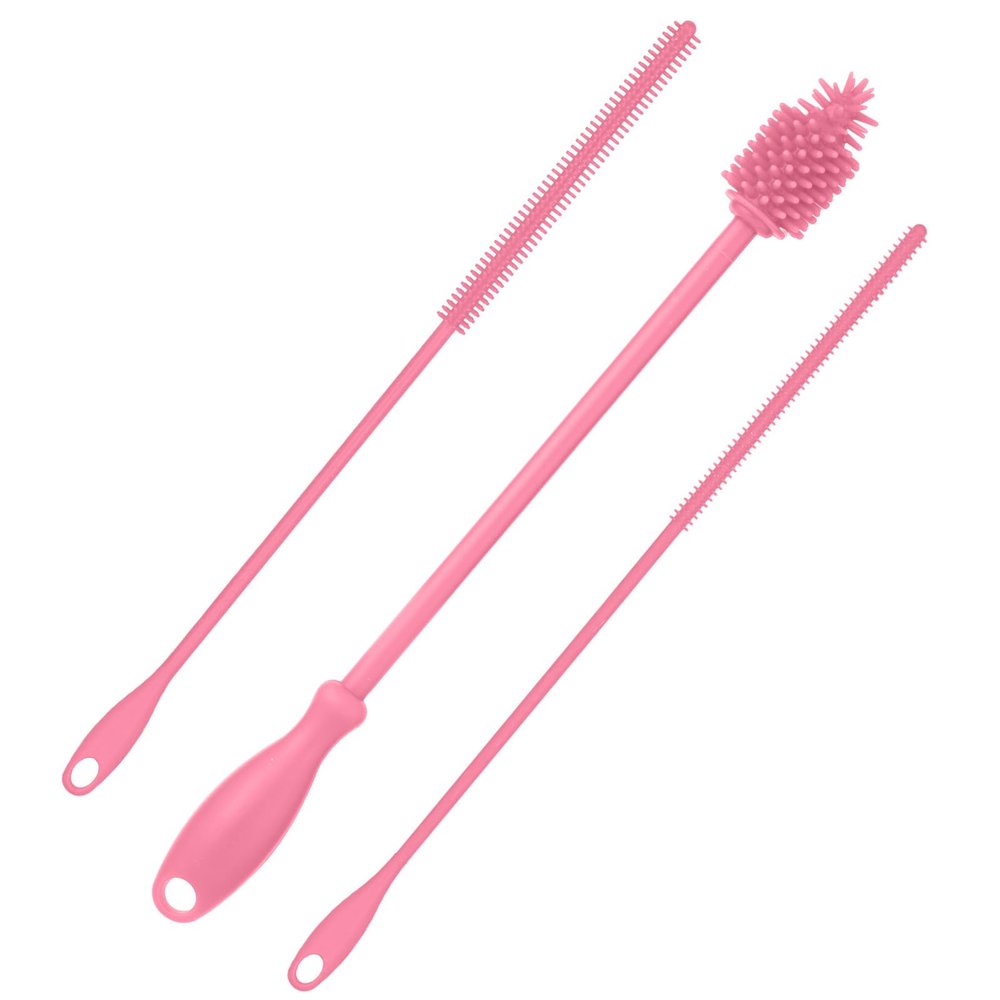 3pcs Straw Cleaner and Bottle Brush for Cleaning, Hanging Straw Brush Silicone BPA-Free Long Bottle Cleaning Brush Reusable Bottle Washing Accessories for Jars Tumblers (Pink)