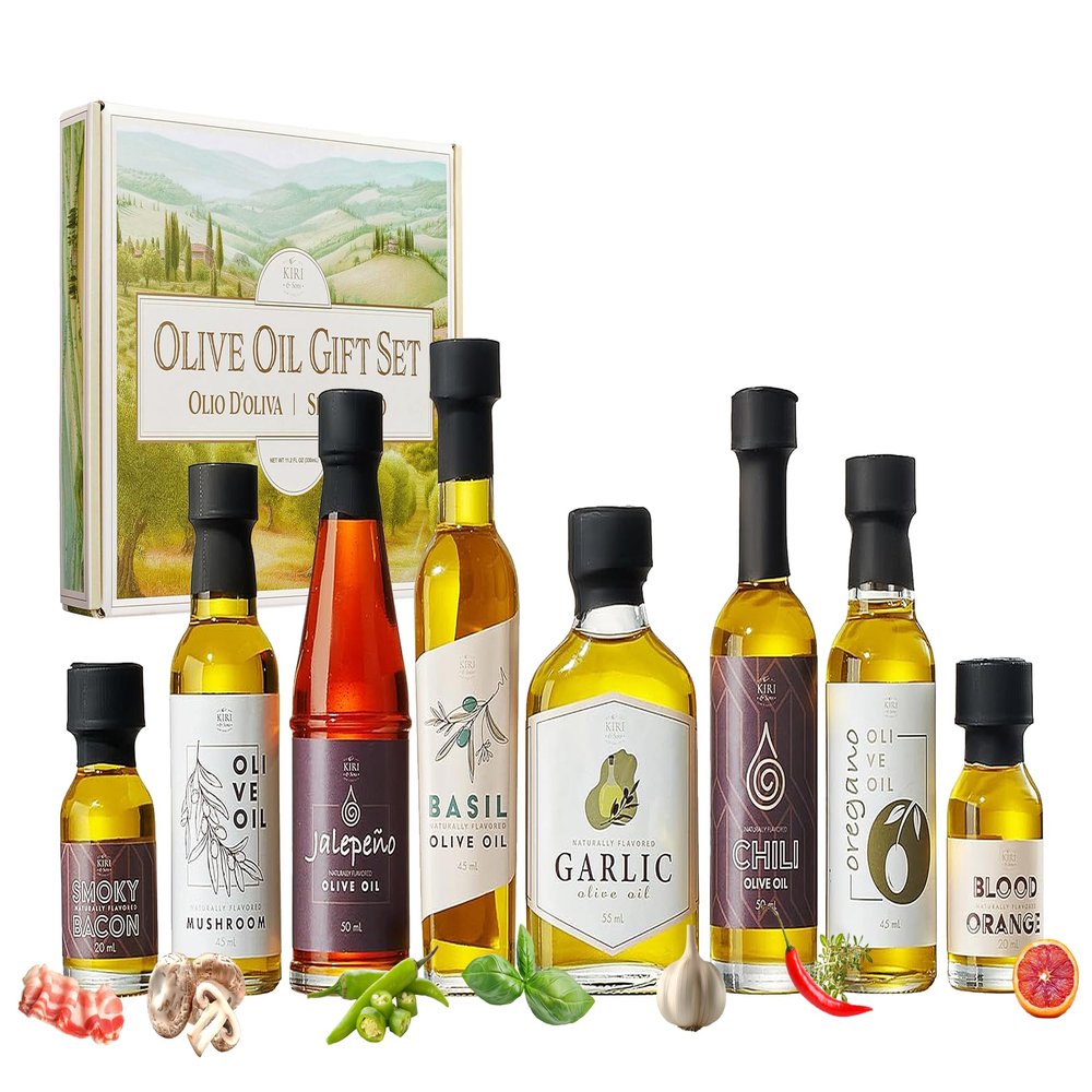 Kiri & Sons Olive Oil Gourmet Sampler Gift Set of 8 - Premium Extra-Virgin Olive Oil Made In Spain, Natural Flavors Include Mushroom, Chili, Garlic, Oregano, Blood Orange, Smoky Bacon, Jalapeno, Basil