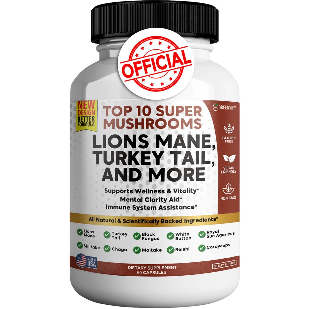 GREENVIFY Super Mushrooms Supplement 10 in 1 Lions Mane Turkey Tail Chaga Reishi Cordyceps Shiitake Extracts - 60 Capsules (1)
