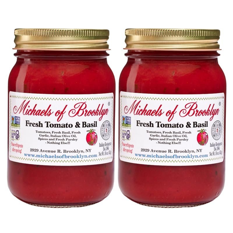 Michaels Of Brooklyn Tomatoes & Fresh Basil Pasta Sauce, Non-GMO, Gluten-Free & Yeast-Free, Made with Garlic, Olive Oil & Parsley, 16 oz, 2-Pack