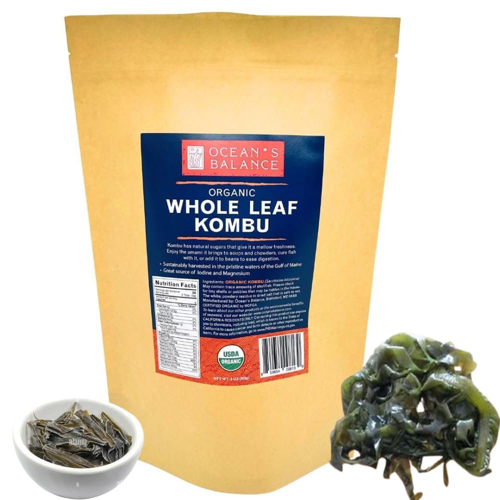 Ocean's Balance Organic Whole Leaf Kombu Maine Coast Vegetables for Keto, Paleo, Vegetarian & Vegan Diets (8 ounce, Whole leaf)