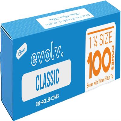 Evolv Classic Brown Pre Rolled Cones Rolling Paper | Size: 1 1/4 (84/26mm) | 100 Count Case | Unbleached, Slow Burning Natural Cones | Artisan Crafted