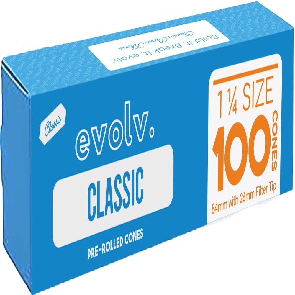 Evolv Classic Brown Pre Rolled Cones Rolling Paper | Size: 1 1/4 (84/26mm) | 100 Count Case | Unbleached, Slow Burning Natural Cones | Artisan Crafted