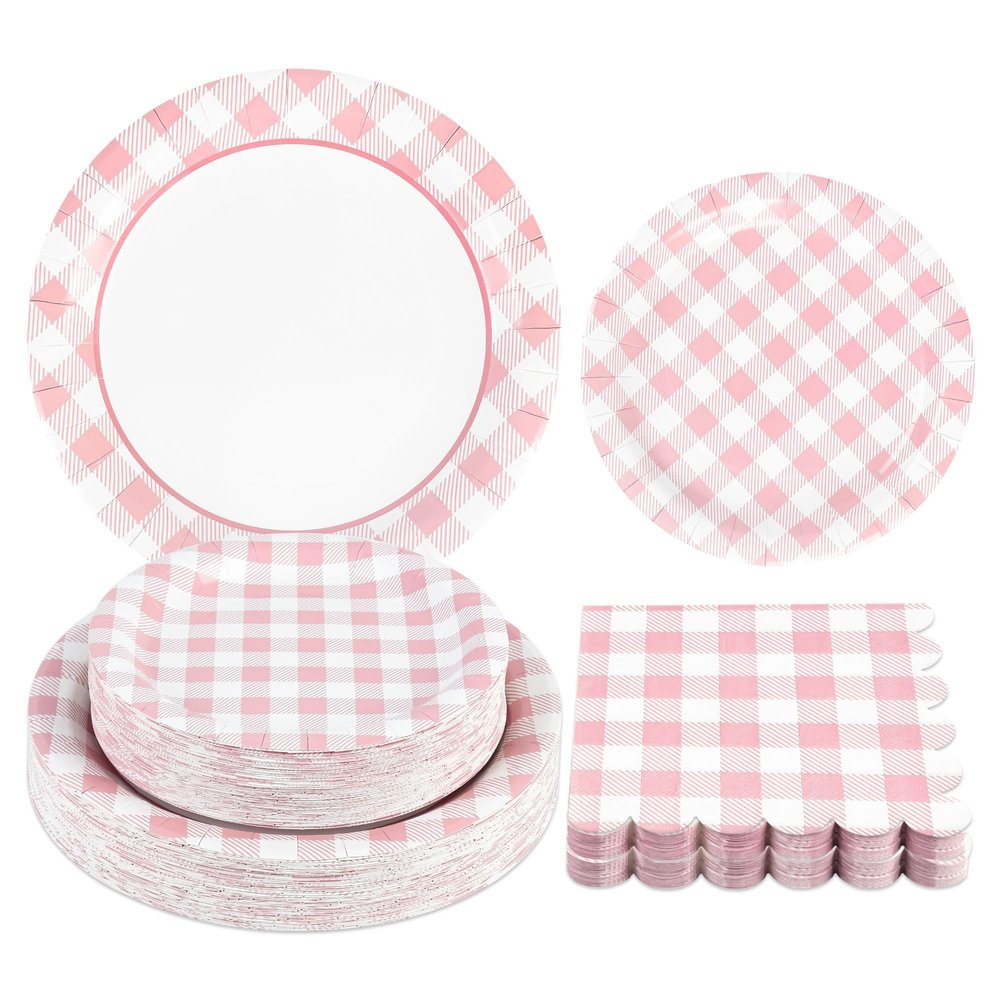150Pcs Pink Gingham Party Supplies Pink Gingham Paper Plates and Napkins Pink Checkered Plates Disposable Pink and White Plaid Party Decor for Birthday Family Fall Picnic BBQ Party,Serves 50 Guests