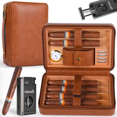 CUBARO Cigar Humidor Case, Leather Cedar Wood Cigar Box with Built in Hygrometer and Humidifier, 3 in 1 Cigar Torch Lighter, V Cut and Punch Cutter, Portable Cigar Travel Humidor Kit for Men (Brown)