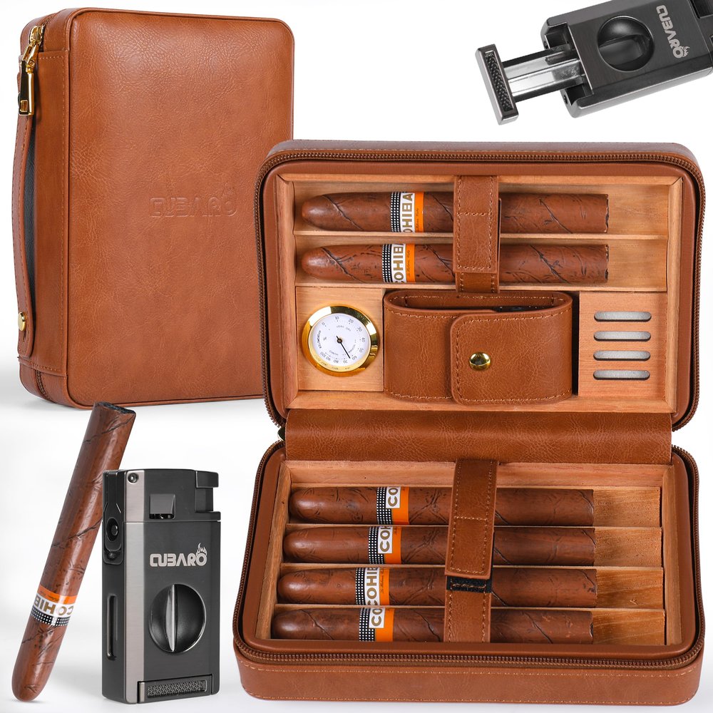 CUBARO Cigar Humidor Case, Leather Cedar Wood Cigar Box with Built in Hygrometer and Humidifier, 3 in 1 Cigar Torch Lighter, V Cut and Punch Cutter, Portable Cigar Travel Humidor Kit for Men (Brown)
