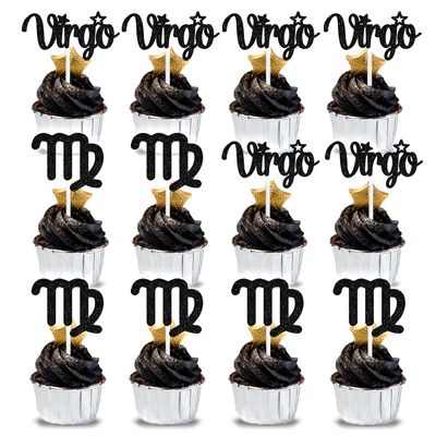 12Pcs Virgo cake topper, Big Virgo Energy/Virgo Season Cake Decor, 12 constellation Virgo August September Birthday Cupcake Decoration, Horoscope Astrology Birthday Party Supplies, Black Glitter
