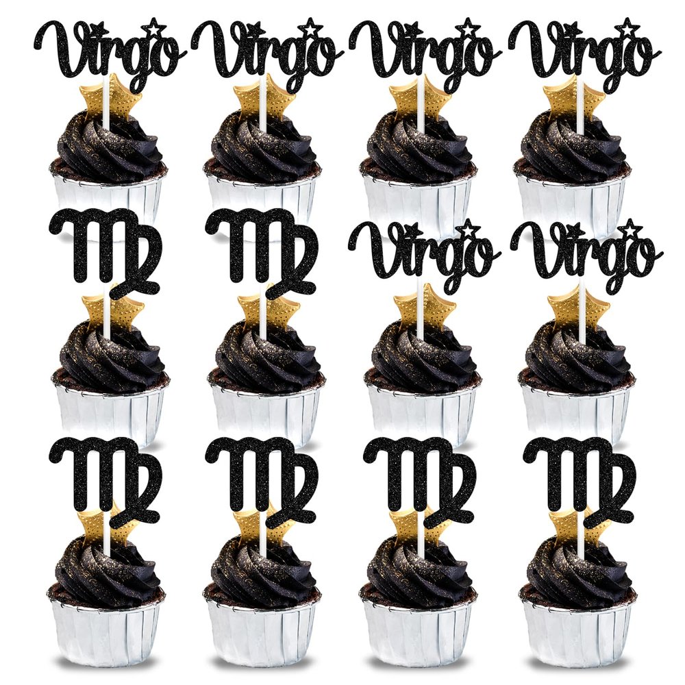 12Pcs Virgo cake topper, Big Virgo Energy/Virgo Season Cake Decor, 12 constellation Virgo August September Birthday Cupcake Decoration, Horoscope Astrology Birthday Party Supplies, Black Glitter