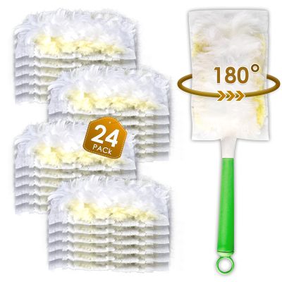 24 Count Feather Duster Refills for Swiffer Dusters Handle, 180 Degree Multi-Surface Duster Refill Kit with 1 Extra Handle, Disposable Dust Removal Brush Heads for Electronics Furniture, Car Interior