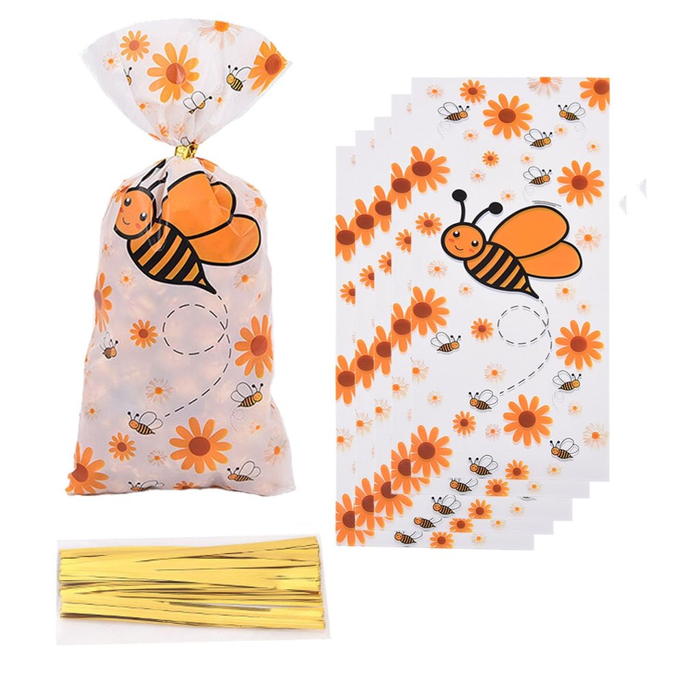 50 PCS Bee Party Bags Treat Bags Honey Bee Cellophane Plastic Candy Bags Goodie Bags Bee Party Favor Bags with 50 PCS Twist Ties for Bee Birthday Party