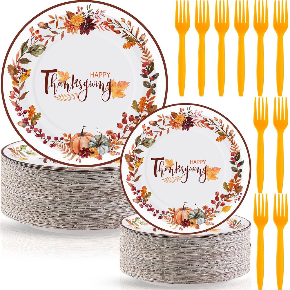 Havawish 180 PCS Fall Paper Plates and Forks Pumpkin Flower Wreath Plate Thanksgiving Disposable Plates Bulk Include 7 Inch 9 Inch Fall Wreath Harvest Party Tableware Set for Theme Party Supplies
