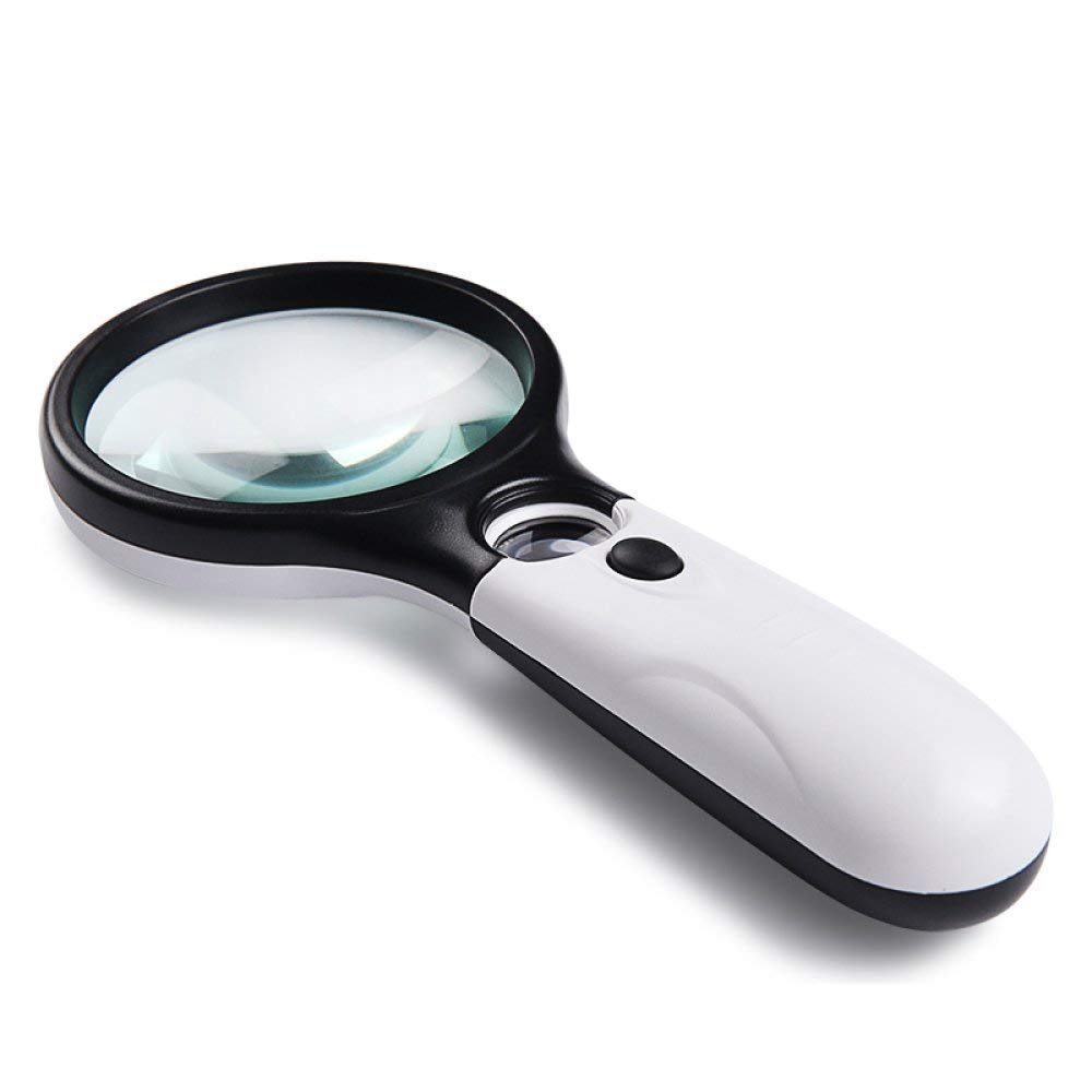 Magnifier Handheld 10X Illumination Magnifier Assisted Mirror 20X with Led Light Hd Lens for Book Reading, Jewelry Identification, Watch, DIY Crafts Engraviand Repair, White