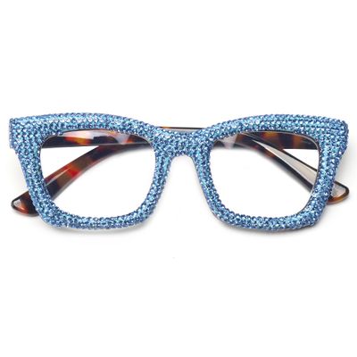 bullabulling Oprah style Bling Rhinestone Square Reading Glasses For Women Shiny Diamond Blue Light Blocking Eyeglasses Z05 (blue, 0, x)