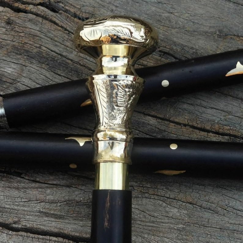 NineLife Basics Walking Cane Wooden Walking Stick Silver Brass Handle Knob Black Wood Stick Victorian Cane Fancy Cane for Men and Women