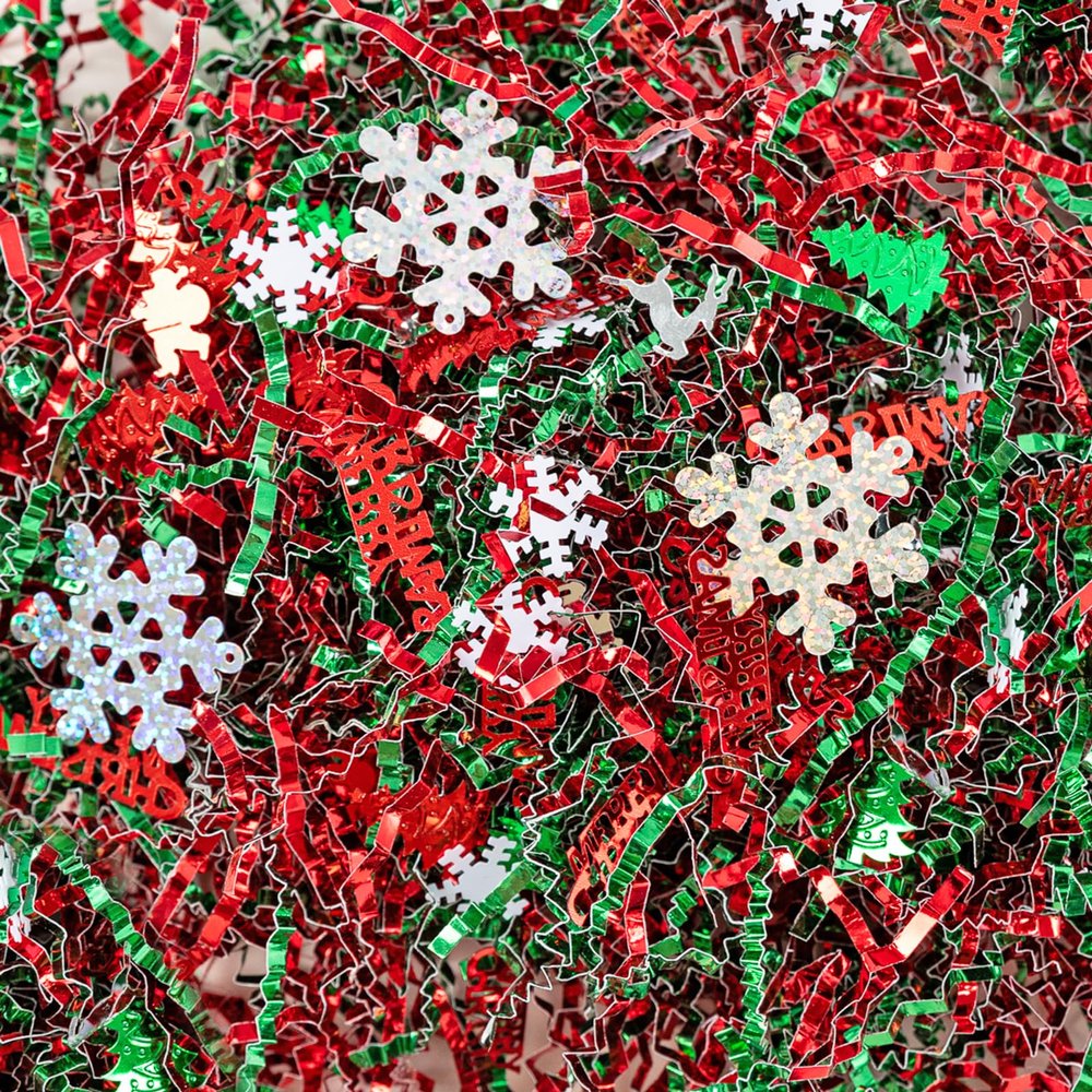 Gloreyan 8.8oz Christmas Crinkle Cut Paper Shred, Xmas Metallic Red Green Raffia Paper Sherd Filler Grass with Christmas Confetti for Gift Wrapping Basket Filling Birthdays Weddings Party Supply