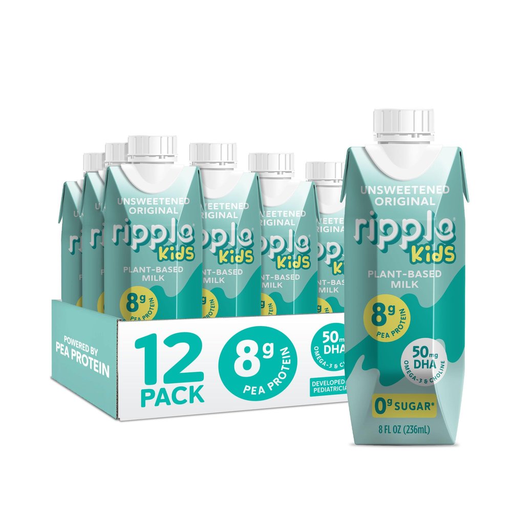 Ripple Kids Unsweetened Plant Based Milk | Pediatrician Recommended | 8g Pea Protein | Shelf Stable | Vegan & Non GMO Certififed | Dairy, Soy, Nut, Gluten, and Lactose Free | 8 Fl Oz (Pack of 12)