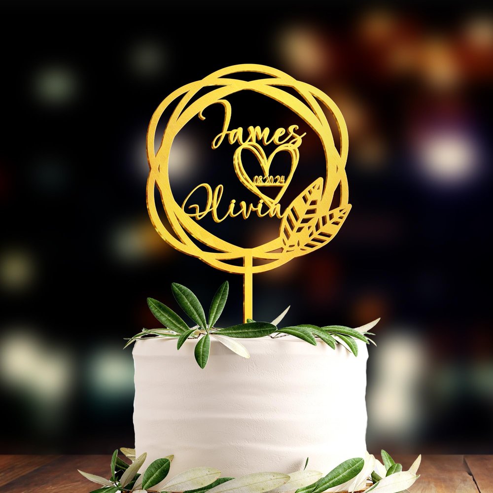 LULLBABYMALL Personalized Wedding Cake Topper with Heart and Date - Custom Cake Topper, Bride and Groom Cake Topper, Cake Topper, Cake Topper Wedding, Mr and Mrs Cake Topper, Anniversary Cake Topper