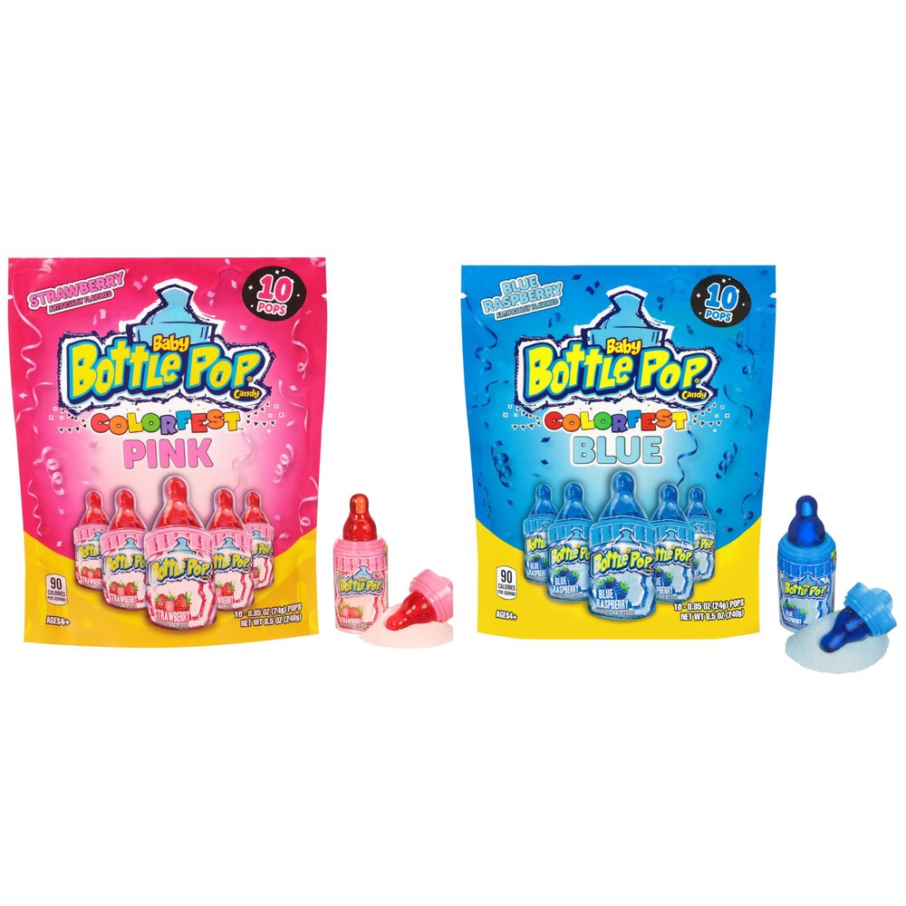 Baby Bottle Pop Christmas Candy Pink and Blue Lollipops, 20 Ct Bulk Lollipops w/Dipping Powder, Assorted Fruity Flavors, Full Size, Individually Wrapped Hard Candy, Party Favors, Stocking Stuffers