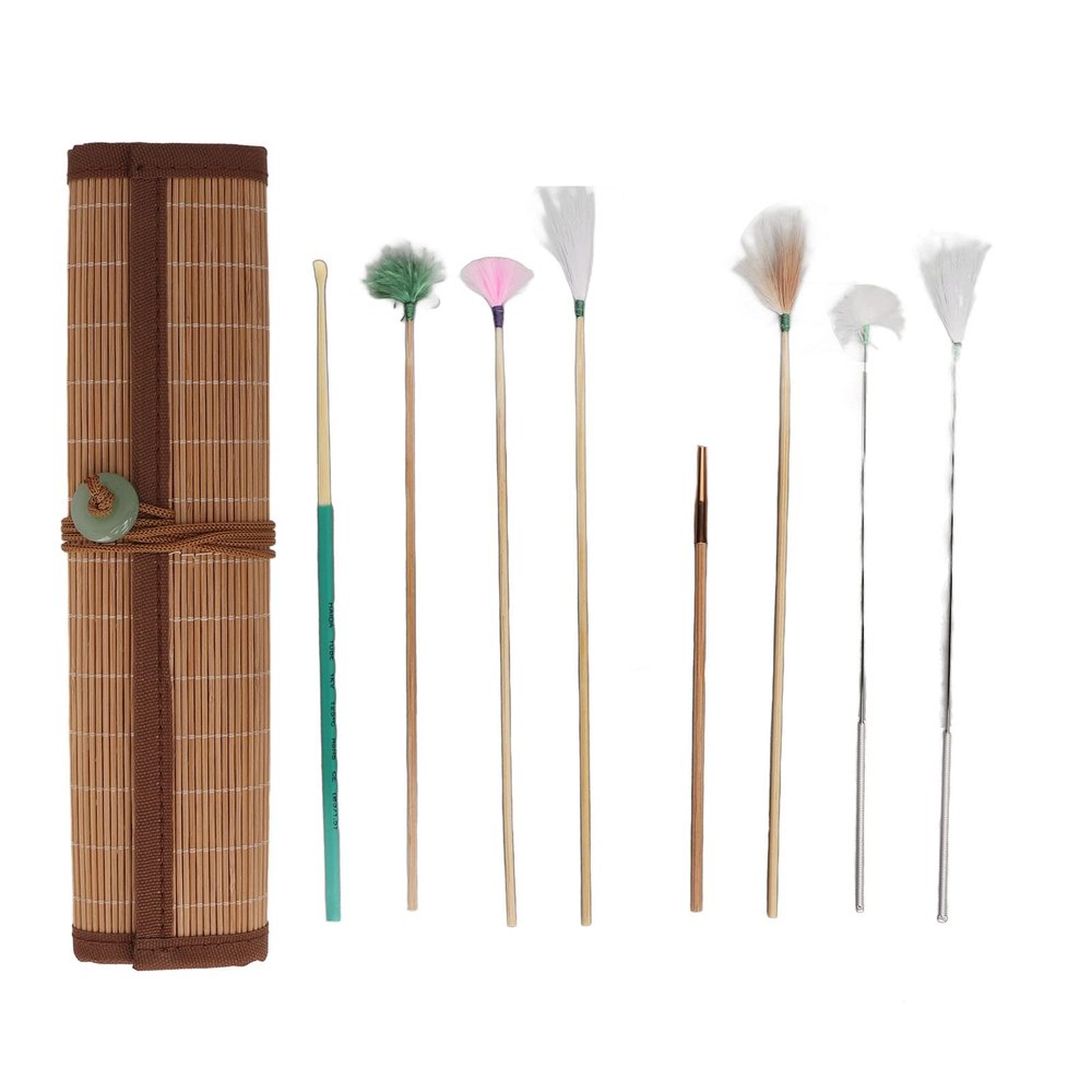7Pcs Ear Clean Feather Kit with Bamboo Mat Deeply Clean Massage Relaxing Ear Wax Removal Feather Stainless Steel Ear Picking Tools for Beauty Salon