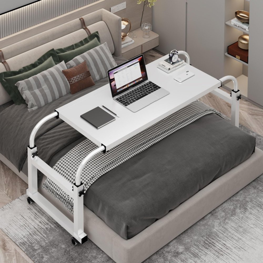 Overbed Table Adjustable Standing Workstation Laptop Trolley - Ideal Computer Table for Bedroom with Wheels - Desk Over Bed for Home, Hospital & Living Room