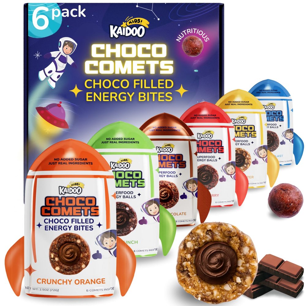 Kaidoo Kids Choco Comets - Chocolate Filled Energy Balls, Natural High Protein High Fiber, Dye & Preservative Free, No Added Sugar, 7+ Space Activities, Healthy Snack Bites for School Lunch