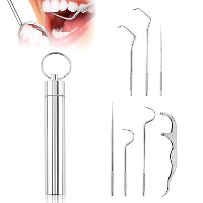 7 Pcs Stainless Steel Toothpick Set, 2024 New Reusable Toothpick Set Made of Stainless Steel with Holder, Metal Toothpicks Cleaning Kit for Outdoor Camping Traveling (7 PCS-A)