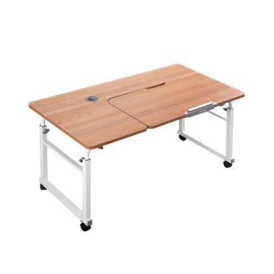 Overbed Table Adjustable Height Hospital Bed Table | Teak Color Over Bed Table with Wheels | Mobile Desk for Recliner or Chair | Laptop Cart for Hospital Families