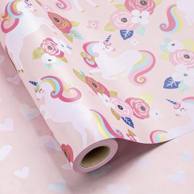 Flyhill Reversible Wrapping Paper Roll,Metallic Foil Colorful Unicorn & Floral with Pink Heart Gift Wrap for Birthday,Girls, Baby Shower, Valentine's Day,Party(17 IN x 32.8 FT)