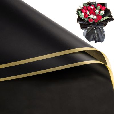 WRAPAHOLIC Premium Gold Edge Glassine Flower Wrapping Paper 20 Sheets - Waterproof Floral Bouquet Packing Paper - For Wedding, Birthday DIY Craft etc. - 22.5 x 22.5 Inch - Black
