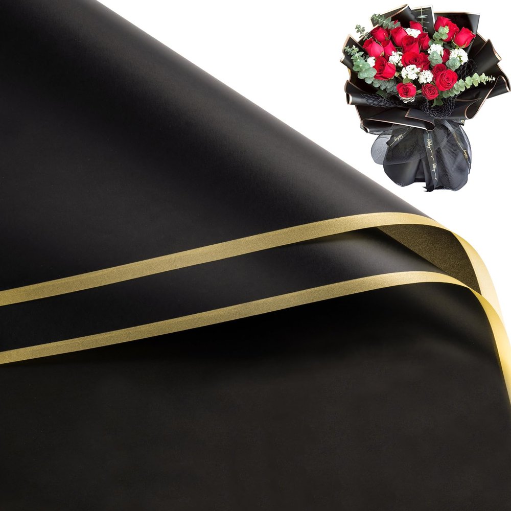 WRAPAHOLIC Premium Gold Edge Glassine Flower Wrapping Paper 20 Sheets - Waterproof Floral Bouquet Packing Paper - For Wedding, Birthday DIY Craft etc. - 22.5 x 22.5 Inch - Black