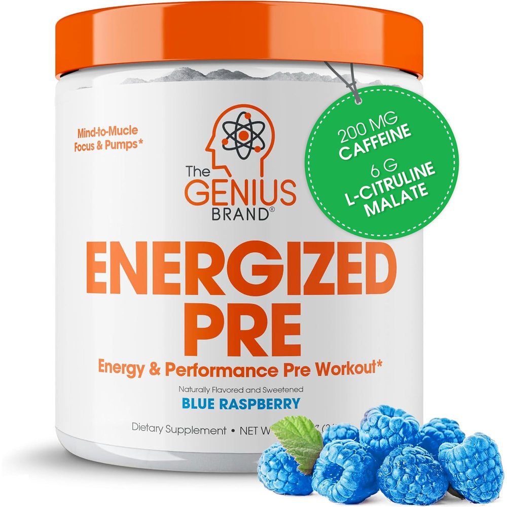 Genius Energized Pre Workout Powder  Caffeine Infused Pre-Workout Booster Supplement with Beta Alanine & Alpha GPC, No Artificial Sweeteners or Dyes - 200mg Caffeine, 20 Servings, Blue Raspberry