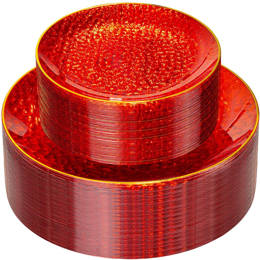 Rubtlamp 60 Pcs Red Plasitc Plates, Gold Red Disposable Plates, Fancy Party Plates, Hammered Plastic plates Include 30 Dessert Platos, 30 Dinner Platos for Party