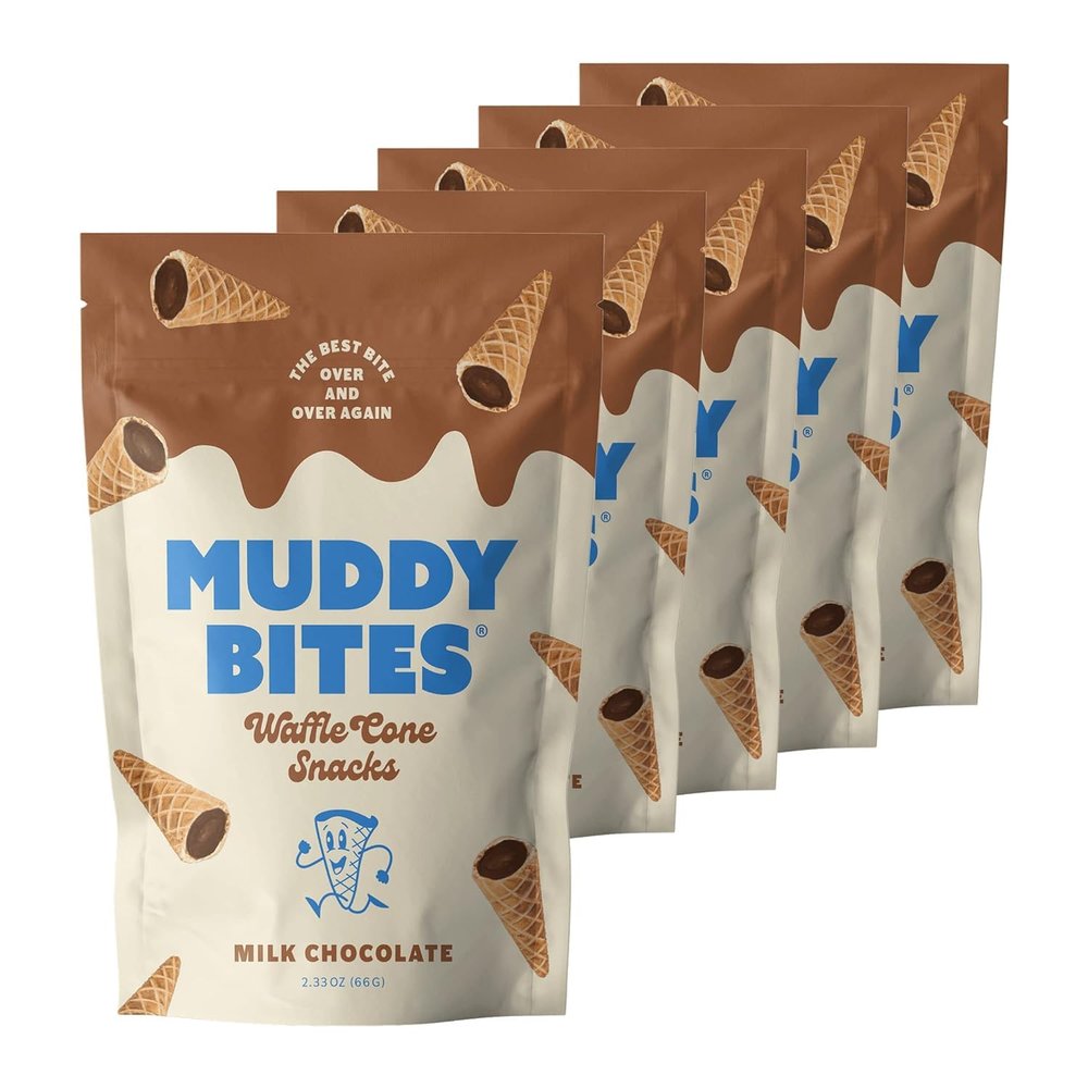 LJJ Muddy Bite Waffle Cone Snack, Bite Sized Chocolate Filled Waffle Cones, Milk Chocolate (5 Pack)