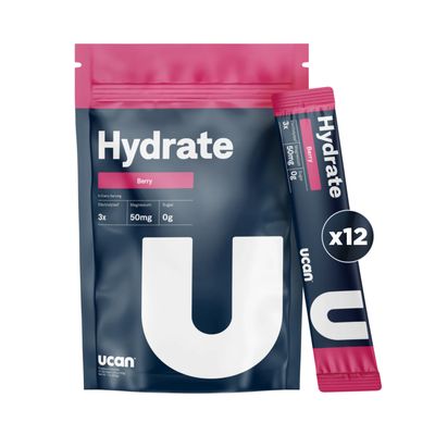 UCAN Hydrate Electrolyte Drink Mix (Berry, 12 Stickpacks) Sugar-Free, Keto-Friendly, Vegan, Non-GMO, Gluten-Free Electrolyte Powder with Potassium & Magnesium for Runners & Athletes