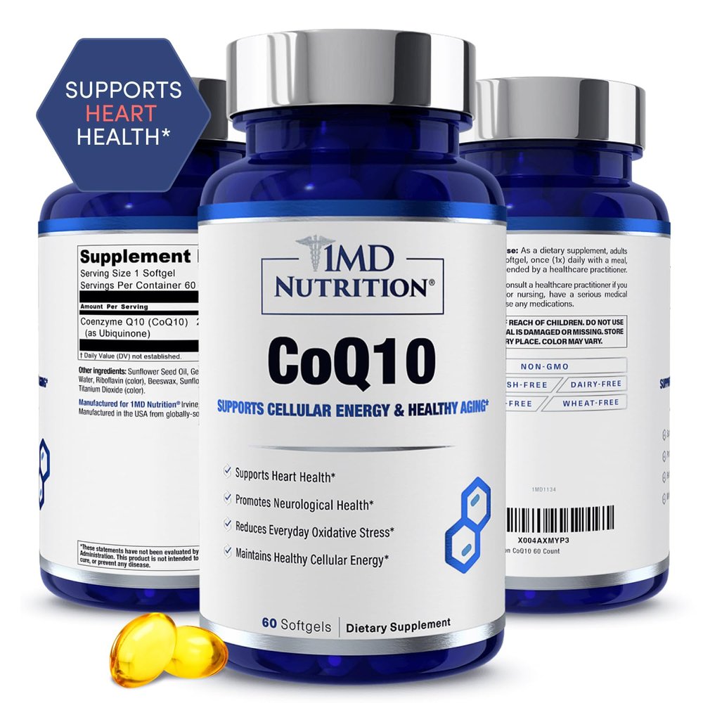 1MD Nutrition CoQ10 - for Heart Health & Cellular Energy Production - Health Supplement for Men & Women - Coenzyme Q10 Softgel - 60 Days