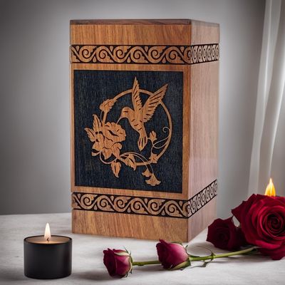 Prime Art Wooden Urns for Human Ashes Tree of Life Urns Cremation Urns for Adult Ashes Funeral Urns Wooden Pet Urn Wooden Urn Box (Hummingbird Black, (Medium - 9.5" Hx5.5 W (180 Cu/in))