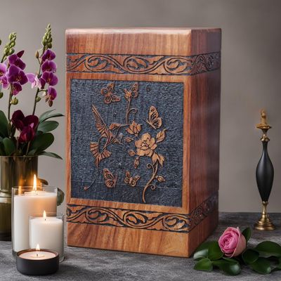 Prime Art Wooden Urns for Human Ashes Tree of Life Urns Cremation Urns for Adult Ashes Funeral Urns Wooden Pet Urn Wooden Urn Box (Birdrose Black, (X-Large - 14" Hx7.5 W (640 Cu/in))