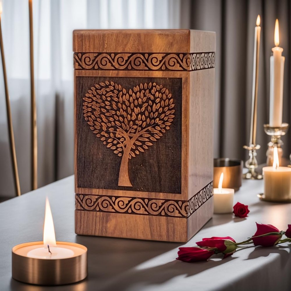 Prime Art Wooden Urns for Human Ashes Tree of Life Urns Cremation Urns for Adult Ashes Funeral Urns Wooden Pet Urn Wooden Urn Box (Heart Tree Natural, (Large - 11.25" Hx6.25 W (250 Cu/in))
