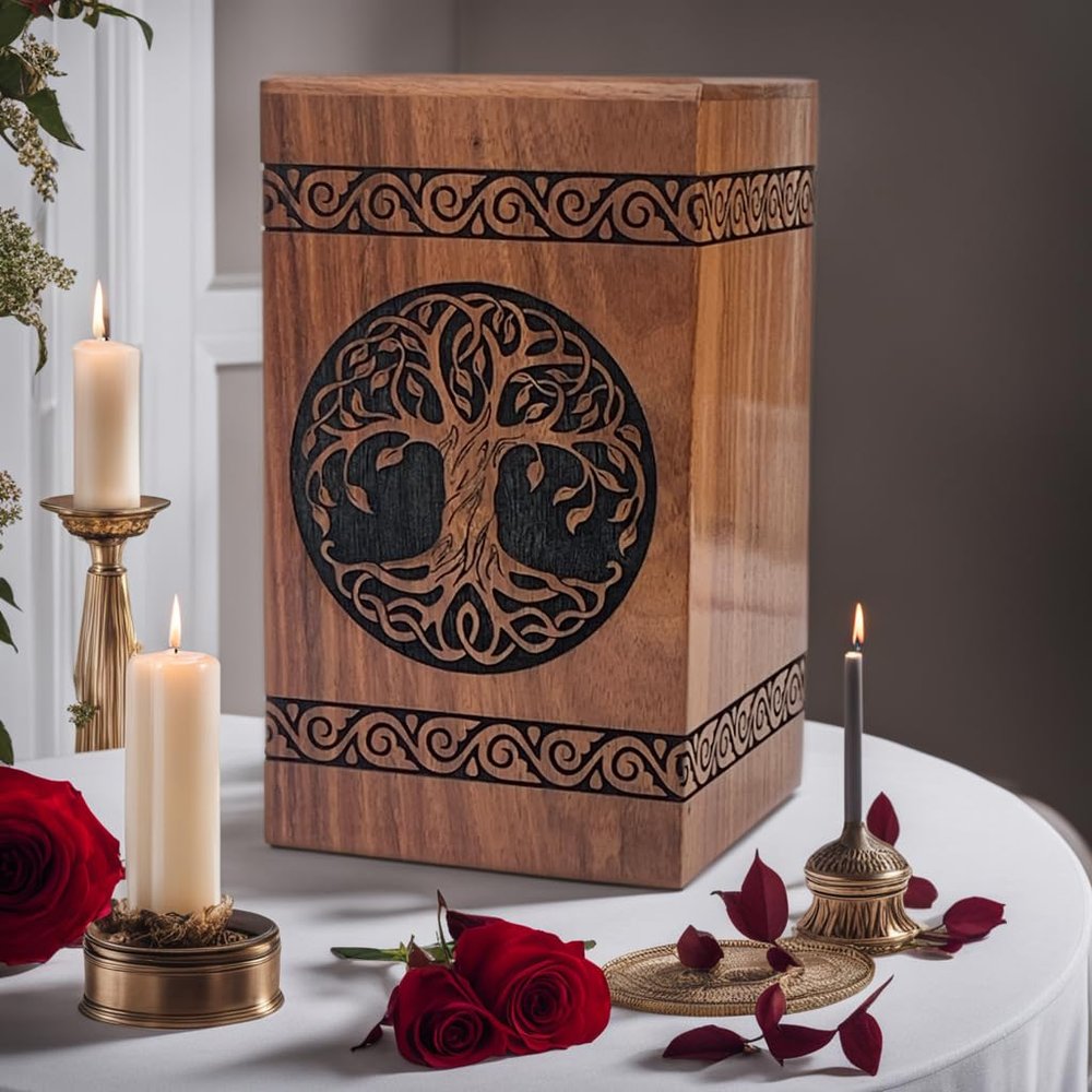 Prime Art Wooden Urns for Human Ashes Tree of Life Urns Cremation Urns for Adult Ashes Funeral Urns Wooden Pet Urn Wooden Urn Box (Tree of Life Black, (Small - 8"Hx4.75"W (115 Cu/in))