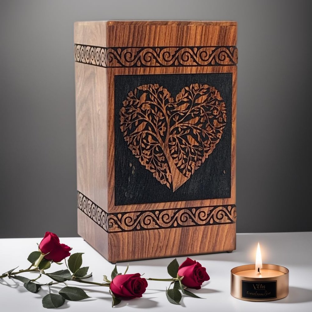 Prime Art Wooden Urns for Human Ashes Tree of Life Urns Cremation Urns for Adult Ashes Funeral Urns Wooden Pet Urn Wooden Urn Box (Heart Black, (Large - 11.25" Hx6.25 W (250 Cu/in))