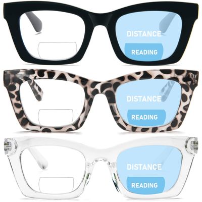 REAVEE 3 Pack Oprah Style Bifocal Reading Glasses for Women, Blue Light Blocking Stylish Thick Frame Trendy Cute Readers with Spring Hinge (Black/Clear Leopard/Clear 1.0)
