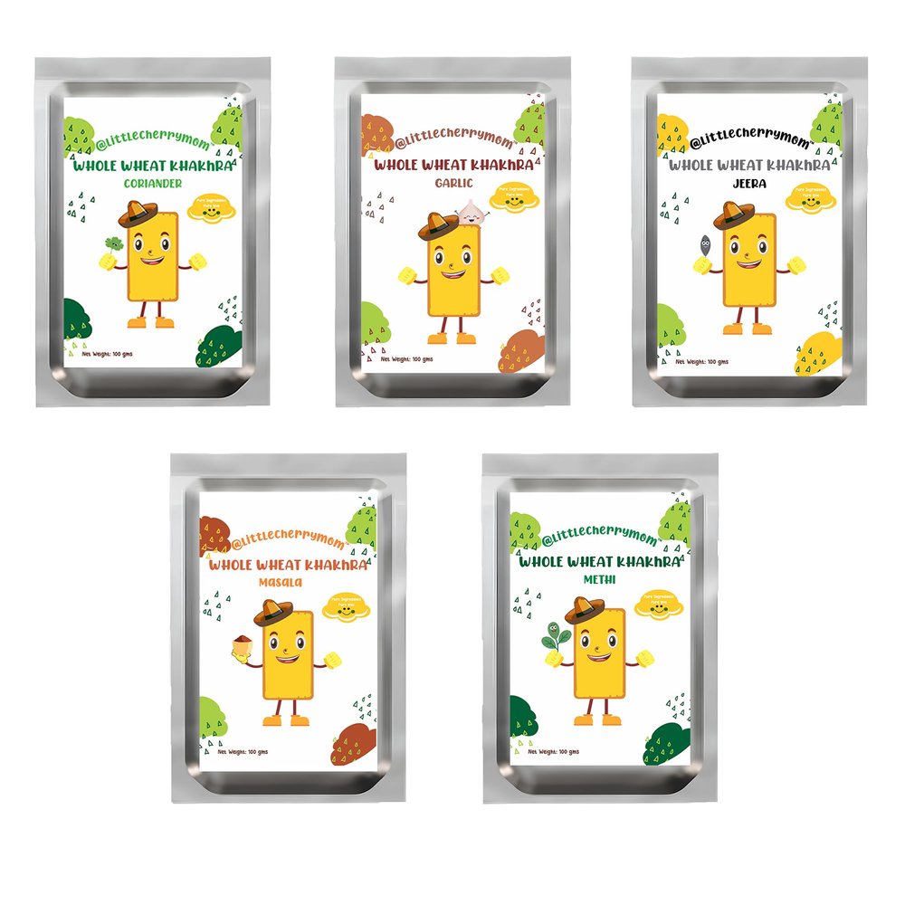 Littlecherrymom Whole Wheat Khakhra All 5 Flavours: Coriander, Garlic, Jeera, Masala and Methi (100Gm each)