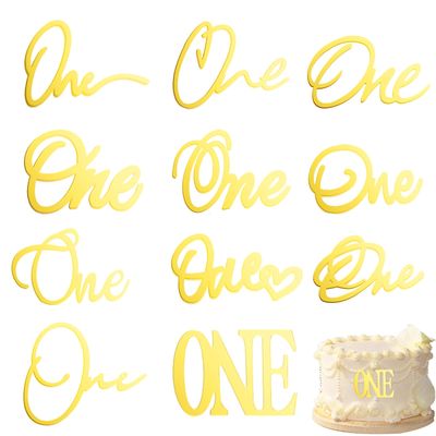 11 Pack One Cake Topper 1st Gold Birthday Boy Girl Cake Topper Acrylic Cupcake Toppers One Sign for Party Supplies Cake Decorating Kit First Birthday Decor