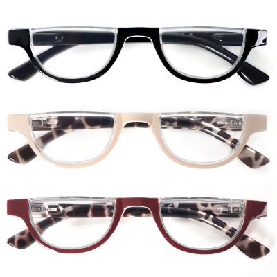 DXYXYO Half Moon Reading Glasses for Women, 3 Pack Small Semi Frame Readers with Spring Hinge Blue Light Blocking, 1.0 Black+khaki+red