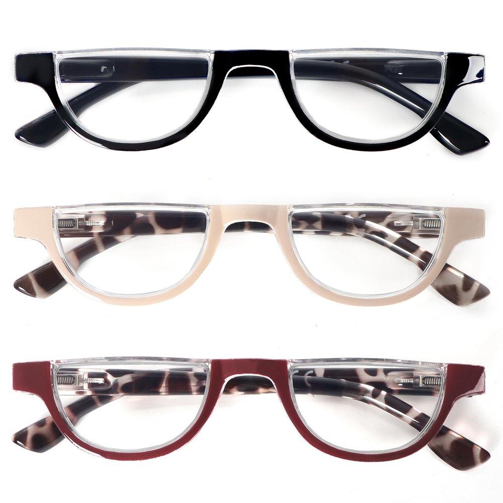 DXYXYO Half Moon Reading Glasses for Women, 3 Pack Small Semi Frame Readers with Spring Hinge Blue Light Blocking, 1.0 Black+khaki+red