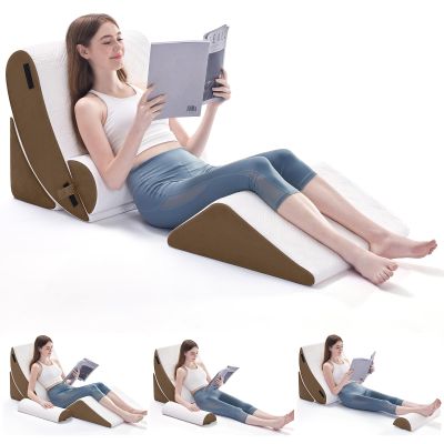 Negwoo Wedge Pillow Set for After Surgery, 4 PCS Bed Wedge Pillow for Sleeping, Memory Foam Orthopedic Back Pillow for Pain Relief and Acid Reflux, Adjustable Post Surgery Pillow Brown