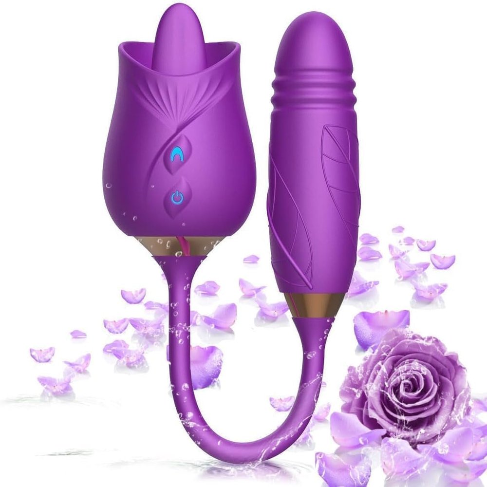 NineLife Basics Easy to Operate Rose Shape Toys Update Model 3 in 1 Rose Toy with Tongue Licking, Thrusting and Vibrating Adult Tools YB3+6 * 6, Roses-purple